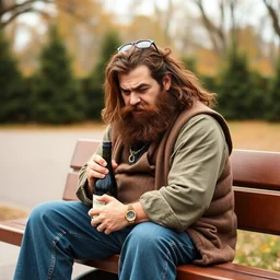 hagrid sitting on a bench, holding a wine bottle in his hand, drunk, looking angry, photo