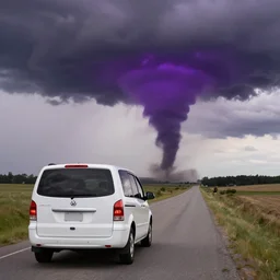 white minivan driving away from a purple tornado