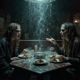 the scary restaurant, water caustics, film still from the movie directed by denis villeneuve and david cronenberg with art direction by bernie wrightson and h. r. giger