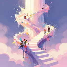 a dreamy otherworldly 3 d render of fractal stairway into the sky, pixiv fanbox, dramatic lighting, maximalist pastel color palette, splatter paint, pixar and disney exploded - view drawing, graphic novel by fiona staples and dustin nguyen, peter elson, alan bean, wangechi mutu, clean cel shaded vector art, trending on artstation