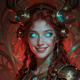 the goddess artemis smirking, steampunk, glowing eyes, volumetric lights, red and cyan theme, art nouveau botanicals, intricate, highly detailed, digital painting, artstation, concept art, smooth, sharp focus, cinematic, illustration, beautiful face, art by artgerm and greg rutkowski and alphonse mucha