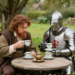 a hobbit and an English knight having tea