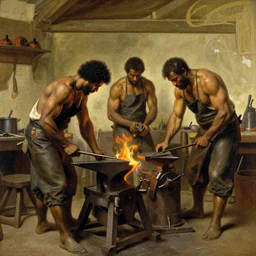 muscular attractive blacksmiths in workshop, painting by gaston bussiere, craig mullins, greg rutkowski, alphonse mucha