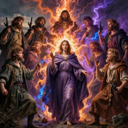 eternal plight of hopeful sinners by whelan, baldung, whitcomb, massys, hubert robert, staples, burdisio, swanland, shishkin, rombouts, courbet, beautiful, mythical, mystical, cloak, robe, highly detailed, hyperrealistic, intricate, energy, orange and purple electricity, blue flame, low light, high contrast, lifelike, bright sky