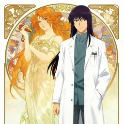 Kurisu Makise in long lab coat tonemapped in the style of Ayami Kojima and Alphonse Mucha