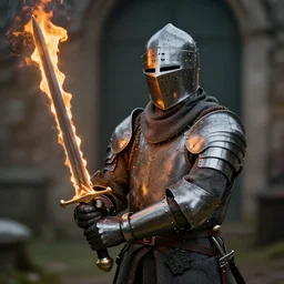photo of a medieval knight holding a sword in flames, award winning, ultradetailed