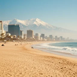 a retrowave aesthetic style artwork of tel aviv beach divine hazy volumetric lighting snowy summits in the backg