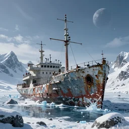 abandoned ship in snowy mountains in a frozen planet, hyperdetailed, artstation, cgsociety, 8 k