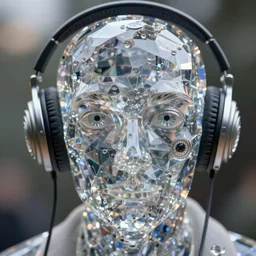 incredibly realistic, too detailed face of crystal golem alan turing, organic eyes, spiral headphones, octane render, bump mapping, macro image, global illumination, 8 k, bokeh, earl norem, ivan kramskoi, carl bloch