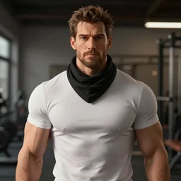 musculated athlete with a light beard and a black scarf in his hairs, he wears a white t - shirt, blurry background of a gym room, disney, pixar, bloom, medium shot, dramatic lighting, in the style of studio ghibli, j. c. leyendecker, greg rutkowski, artgerm