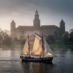 sailing ship on Vistula river, Wawel castle visible, morning, fog, atmospheric lighting