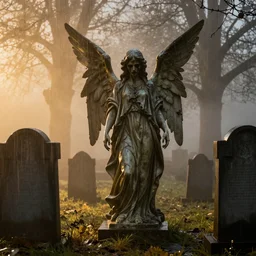 creepy horror, Highgate cemetery, angel statuettes, tombs, blanket of fog, rain, volumetric lighting, beautiful, golden hour, sharp focus, ultra detailed, cgsociety
