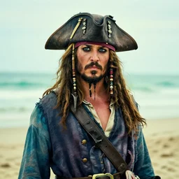 a award winning outdoors beach portrait photo of a charismatic rugged pirate captain with brown beard and light brown long hair, faded teal coat and slightly chubby, big pirate hat movie color graded