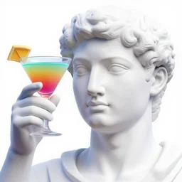 close - up of a 3 d white marble human head holding a coctail, colorful coctail, digital illustration, 3 d render, above the waist