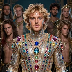 A glittering and beautiful Logan Paul, he is embellished with gemstones, by William Holman Hunt, Greg Rutkowski, Stanely Artgerm, Tooth Wu, Peter Gric, Aaron Horkey, trending on Artstation, digital art, mythological, symmetrical artwork, cinematic lighting, hyper realism, high detail, octane render, ultra realistic, golden ratio, 4k, 8k