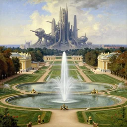 infinite dimension of the late summer palace lawns, splendorous fountains and classical architecture, by thomas cole. gargantuan futuristic mechanized citadel in the distance by simon stalenhag and paul lasaine. endless, neverending epic scale, volumetric lighting. luminism, genre painting, romanticism, naturalism, baroque, rococo, neoclassicism