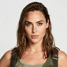close up portrait shot of gal gadot wearing tomb raider outfit, studio lighting, award winning photography
