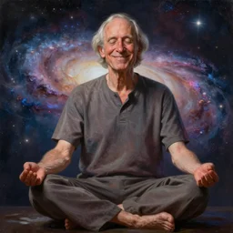 alan watts grinning meditating in galaxy universe realistic dramatic lighting stylized soft airbrush painting highly detailed, 3d render senior artist, photorealistic, textured, featured on artstation