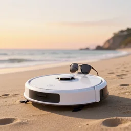 roomba with sunglasses chilling on the beach, sunset