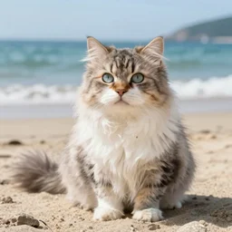 A fluffy cat enjoying the beach. Propaganda. High resolution. Highly detailed. Art station. 8k