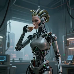 the upper torso of a terminator cyborg lady with borg implants, human face and robotic snakes coming out of her head is hanging from cables and wires off the ceiling of a lab. Her bottom half is missing with cables hanging out. She is taking a sip from a cup of coffee. Tiny green led lights in her cybernetics. Sophisticated lab in the background, with dystopian city visible through the window. very detailed 8k. Horror cyberpunk style.