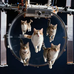 Photo of cats floating inside the International Space Station, highly-detailed 4K award-winning cinematic epic