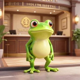 a small frog standing on two feet at the hotel reception entry, 3 d render, houdini 3 d, octane 3 d