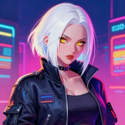 A colourful neon filled painting of a female gang leader with white hair by Wlop and Z eD, Cyberpunk, handsome face, bomber jacket, white hair, yellow iris, golden eyes, trending on artstation, pixiv, 4k, HDR, unreal engine