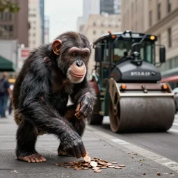 a chimpanzee picking up pennies in manhattan with a large steam roller headed towards him, depth of field, max fleischer, breathtaking, detailed and intricate environment, 8 k resolution, hyperrealistic, octane render