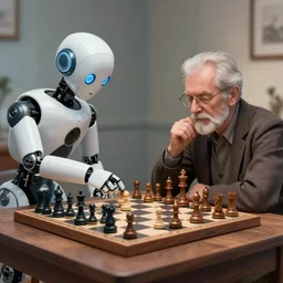 a robot and old man played chess artstation drawn