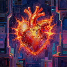 A concept of Melancholic Euphoric heartshine in the crush of oblivion, a heart burning fiercely into a new essence. The vibrancy of nouveau is gilded with hollow-wishes. Trending on ArtStation. Vivid Grimdark-Neon Geometric oil spattered Digital scene of a futuristic sci-fi cityscape space colony. A mismatched grid of fate-stitched-patchwork memories.