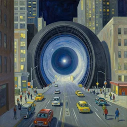 intergalactic stargate portal in the middle of a bustling city, with cars and people going about their business oblivious to the strange thing in their midst by john howe and dorothea tanning, style of emerald
