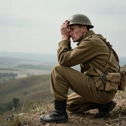 a shell - shocked veteran looking over a hill, digital, detailed, realistic, 4 k, hdr