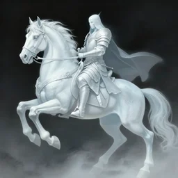 A faded ghost warrior riding a giant ghost horse with armour, fantasy art, in the style of Frank Neidhardt, illustration, epic art, fantasy, intricate, elgant, amazing detail, digital painting, artstation, concept art, smooth, sharp focus