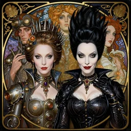 stunning exotic art nouveau portrait of anjelica huston and morticia addams as industrial dieselpunk queens of the night by glenn fabry, simon bisley and alphonse mucha, photorealism, extremely hyperdetailed, perfect symmetrical facial features, perfect anatomy, ornate declotage, spikes, latex, confident expression, wry smile, sinister eyes
