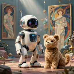 a futuristic pet robot by artgerm and greg rutkowski and alphonse mucha, zaha hadid, cat dog teddy mix, volumetric light, detailed, octane render, midsommar