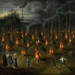 a surreal painting by hieronymus bosch of a dark forest of tiny burning bonzai trees on fire, smoke in the sky, people standing around screening and running, ominous, oil on canvas