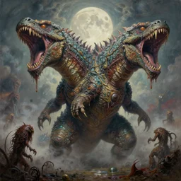 concept art of giant kaiju, double head, roaring, melting horror, round moon, rich clouds, fighting the horrors of the unknown, mirrors, very detailed, volumetric light, mist, grim, fine art, decaying, textured oil over canvas, epic fantasy art, very colorful, ornate scales, anato finnstark