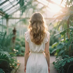 photograph of a beautiful!!! woman! from the back standing in tropical greenhouse by mark owen. pastel colors. kodak portra 4 0 0 film!!. whirl bokeh!. mamiya 7. highly detailed. hq. photoreal. golden hour. lens flare. faded film. in - frame