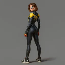 full body character turnaround of a woman in an orb weaver spider costume standing in a relaxed pose, running shoes, character sheet, matte painting, spiderwoman!!, john singer sargent, good value control, highly detailed portrait, digital painting, concept art, realistic proportions, realistic proportions, illustration, black and yellow color scheme