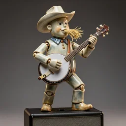 glazed ceramic sculpture of a country bumpkin robot playing a banjo, straw in his mouth, standing on a speaker, fantasy, studio lighting, rim lighting, mystical, high detail, style of rene magritte, hyper realistic, 8 k