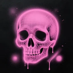 a 3 d wireframe pink cartoon skull spray painted on a black background with dripping pink spray paint, three fourths view, graffiti, black background!!!!!, outline