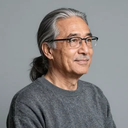 portrait of a 50 year old man with gray hair. pony tail, glasses