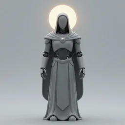 a gray faceless figure, ascended, robot wizard, NPC with a saint\'s halo, saintly halo behind their head made of neon filigree, consulting the cyber oracle of all knowledge, at the end of time, in an esoteric ritual exchange of physical code, 8k, 4k, unreal 5, DAZ, trending on artstation, octane render, abstract painting, bright blue future