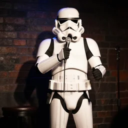 a stormtrooper doing a standup routine at a comedy club