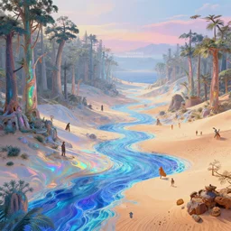 highly detailed holographic iridescent sci fi world with forests, deserts, oceans, blue lava, at dusk, by gilbert williams, by simon stalenhag, by beeple, by bruce pennington, by moebius, juxtapoz, dynamic composition, octane render, with many different pastel shades of blue pink orange yellow green, beautiful lighting, prismatic