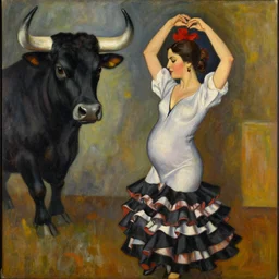 highly detailed painting of pregnant flamenco dancer with a black bull head by tamara de lempicka