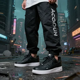 A man wearing Acronym J36-S pants and Acronym P30A-DS and black Nike Air Force 1 sneakers, high quality, digital art, dirty cyberpunk city, greg rutkowski