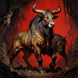 midjourney art style art deco shaded painted full body illustration of a male minotaur with glowing tribal skin markings in a dark cave environment with a bovine head, painterly, detailed by solomon joseph solomon and richard schmid and jeremy lipking victorian genre painting portrait painting of mick jagger in fantasy costume, red background by ralph mcquarrie
