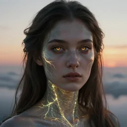 biblical shy beautiful female druid android, heavy eyes, closeup, bright glowing veins, in clouds, sunset, portrait, by gerald brom, by mikhail vrubel, by peter elson, muted colors, extreme detail, reflections, trending on artstation, 8 k